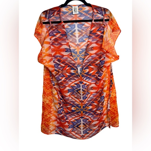 Becca Beach Vacation Swim Cover Up Deep V Neck Semi Sheer Orange Print Size M-L - Picture 1 of 9